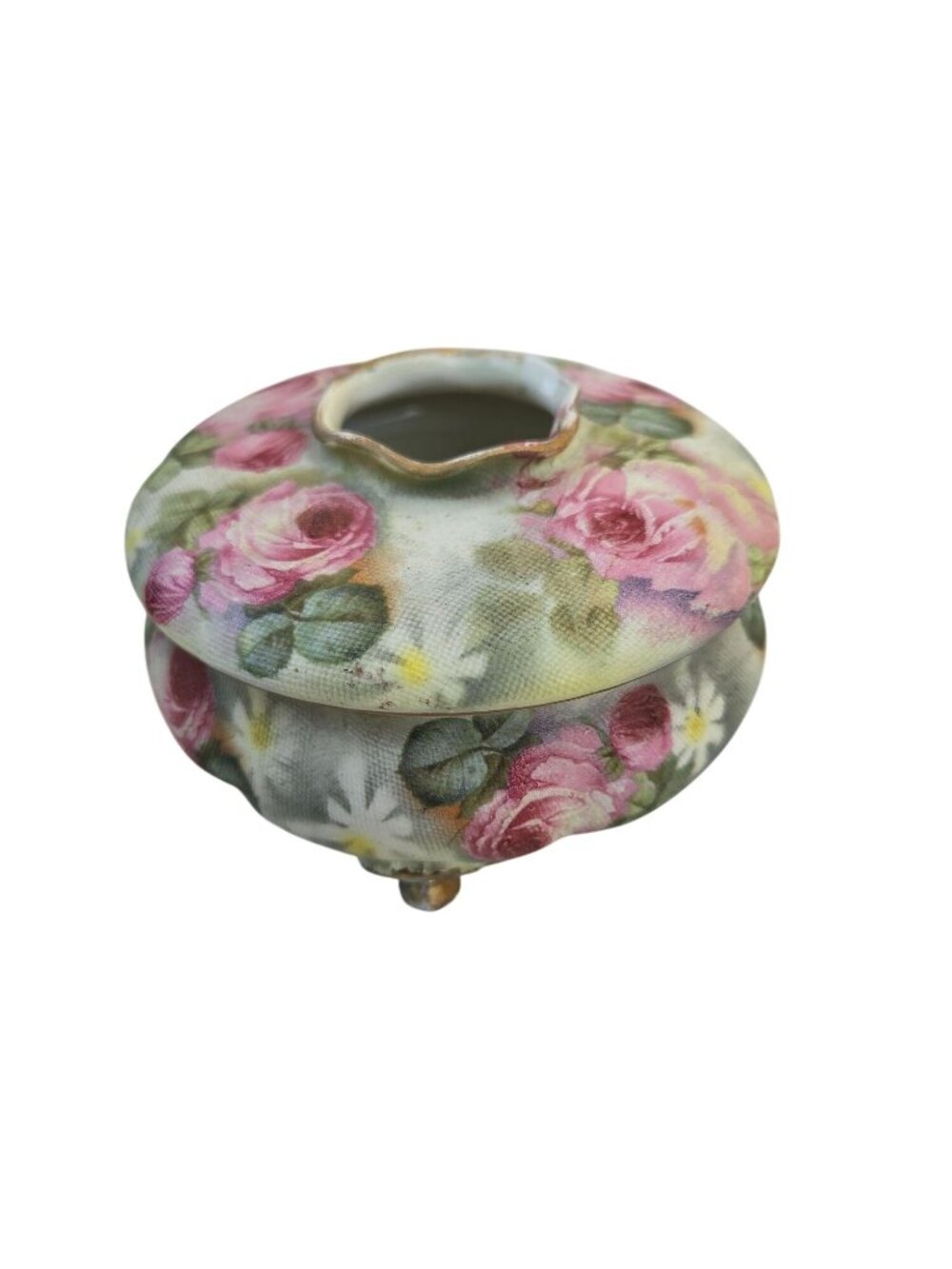 Antique Royal Bayreuth Hair Receiver Dresser Jar With Hand-Painted Pink Roses &